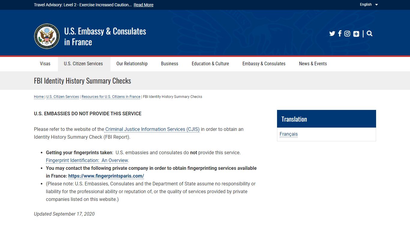 FBI Identity History Summary Checks - U.S. Embassy & Consulates in France
